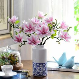 Decorative Flowers 3Heads Open Magnolia Flower Branch Artificial For White Wedding Decoration Room Table Decor Flores Artificales Wholesale