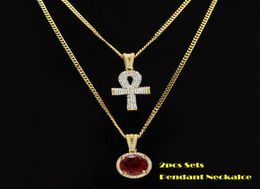 2pcs Sets Pendant BlackRedBlue Mini Round Gemstone Big Rhinestones Key Cuban Chain Two Necklace Men Women HipHop Jewelry 2 Nec8515942