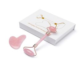 Natural Pink Crystal Jade Roller Double Head Massager Rose Quartz RollerStone Facial Guasha scraper Tool Set with box 5188431