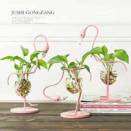 3 Types Pink Flamingo Shape Glass Tabletop Plant Bonsai Flower Wedding Christmas Decorative Metal Vase Home Decoration Accessory 240131