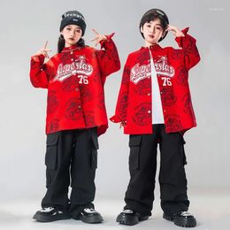 Stage Wear 2024 Chinses Style Red Coat Black Cargo Pants Suit For Girls Jazz Dance Performance Boys Hip Hop Clothing DQS15301