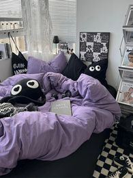 Ins Purple Black Big Eye Solid Colour Bedding Set Girls Boys Double Size Flat Sheet Duvet Cover Pillowcase Bed Linen Home Textile 240127