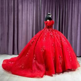 Red Shiny Floral Appliques Lace Ball Gown Quinceanera Dresses Off The Shoulder Shiny Crystal Corset Vestidos De 15 Anos