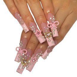 False Nails Pink Long Press On With Rhinestone Charming Comfortable To Wear Manicure For Shopping Travelling Dating