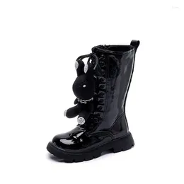 Boots Black Girls High Genuine Leather Child Fashion Casual Shoe Lace Up Kids Long Boot