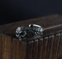 925 Sterling Silver Gothic Punk Skull Rings For Men And Women Jewellery Resizable Vintage Flower Engraved Skeleton Finger Band8515760