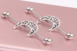 Silver industrial barbell piercing Moon Star earring jewelry Wholes ear Piercing tragus Bar Helix Ear Plug Stretcher5248138