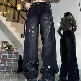 Women's Jeans With Pockets Black Trousers Star Straight Leg Pants For Women High Waist S Womens Trend 2024 Pant Loosefit Grunge Y2k Z