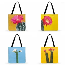Shopping Bags Ladies Shoulder Bag Foldable Colourful Cactus Plant Painting Print Tote Women Casual Outdoor Beach