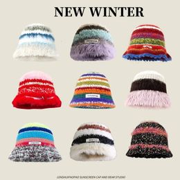 Fur Warm Crochet Bucket Hat Fashion Y2K Beanies Winter Hat for Women Korean Retro Fisherman Cap Ladies Knitted Hat 240125