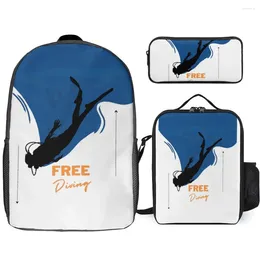 Backpack Diving Heart Beat Free Diver 8 3 In 1 Set 17 Inch Lunch Bag Pen Summer Camps Graphic Vintage Lasting Rucksack Snug