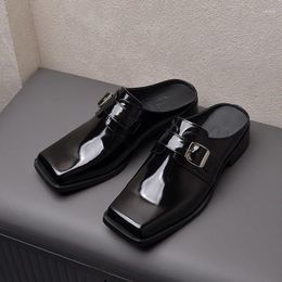 Dress Shoes Luxury Patent Leather Mens Half Slippers 2024 Summer Designer Black Genuine Man Casual Party Business