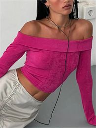 Women's T Shirts CHRONSTYLE Off Shoulder Long Sleeve Tees Crop Tops Women Fall Spring Slash Neck Slim Fit Short T-Shirts Street Casual Base