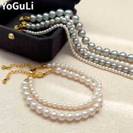 Link Bracelets Modern Jewelry Elegant Temperament Glass Simulated Pearl Bracelet For Women Girl Shiny Grey White Color Beads