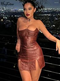 Casual Dresses Hugcitar Leather Solid Strapless Slit Zip Up Elegant Sexy Slim Mini Prom Dress 2024 Autumn Women Wedding Party Club Y2K