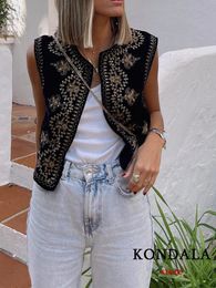 Kondala Vintage Autumn Velvet Embroidery Vest Jackets女性vネックノースリーブブラックウエストコート女性ファッションMujer Tops 240125