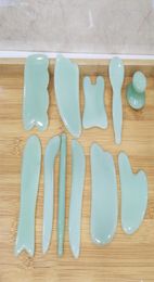 11pcsset Natural Green Jade Guasha gua sha Board Scraching Facial Eyes Scraping Gua Sha SPA Massage Health Care Beauty Massager8588764