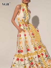 Casual Dresses VGH Sleeveless Long Dress For Women Halter High Waist Hit Colour Print Spliced Split Thigh Fashion Female Clothes