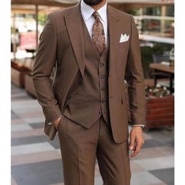 Luxury Brown Men Suits Single Breasted ed Lapel Formal Ocn Elegant 3 Piece Jacket Pants Vest Slim Fit Blazer Male Cloth 240123