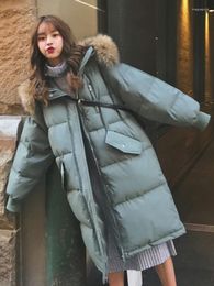 Women's Trench Coats Winter Coat Women Hooded Woolen Collar Cotton Jacket Black Large Pocket Long