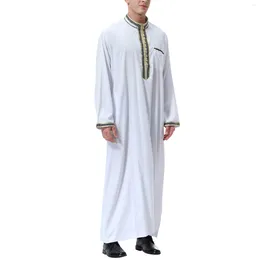 Ethnic Clothing Muslim Men Jubba Thobe Solid Colour Patchwork Robe Saudi Musulman Shirt Stand Collar Islamic Arabic Kaftan Abaya