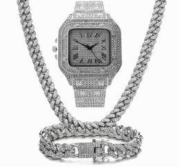 Chain Chains Iced Bling Out Miami Cuban Link Rhinestone Watch Necklaces Bracelet Women Men Jewellery Set Hip Hop Choker3663297
