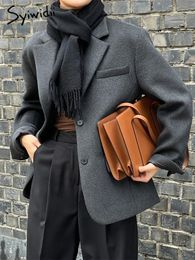 Syiwidii Vintage Grey Woolen Blazer for Women Fall Winter Office Ladies Long Sleeve Jacket Y2k Oversized Casual Coats 240202