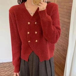 Women's Knits ZARSAFLY Red V-neck Short Knitted Cardigan Women Fall Winter Korean Casual Loose Long Sleeve Sweater Outerwear 3 Colors