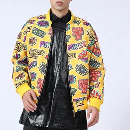 Stage Wear Yellow Printed Letter Baseball Jacket Graffiti Zipper Hip-hop Casual Coat Male Dancer Singer Performance Jackets Costume