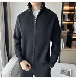 Solid Knitted Sweater Men Stand Up Collar Korean Fashion Zipper Cardigan Sweaters Large Size Knitwear Jacket for 240130