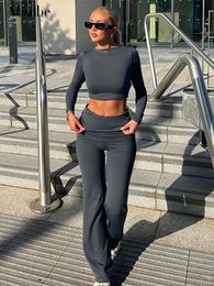 Absobe Leisure Fold Over Pants Suit Women Crew Long Sleeve Slim Crop Top Flare Sports Causal Set tie Autumn Streetwear 240123