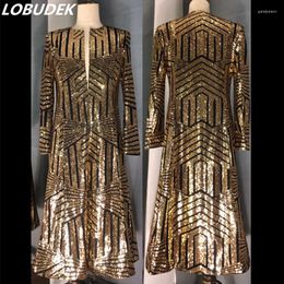 Stage Wear Trench Long Outerwear Gold Sequins Embroidery Coat Tide Male Punk Hip Hop Singer Sequined Overcoat Customized S-4XL