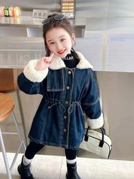 Down Coat Fashion Winter Denim Jackets Kids Girls Fur Fleece Warm Children Clothes Full Sleeve Baby Velvet Outerwear 3-12 Years