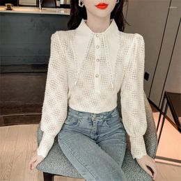 Women's Blouses Autumn Lantern Long Sleeve Blouse Temperament Simple White Tops Fashion Beading Hollow Lace Shirt Elegant Clothes Blusas