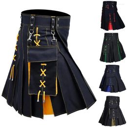 Men's Shorts Mens Pocket Tie Rope Scottish Skirt 2024 Genderless Casual Fashion Mediaeval Retro Steampunk Contrast Colour Unisex