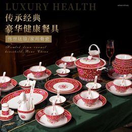 Dinnerware Sets Bone China Tableware Bowl And Dish Set Household Chinese Red Ceramic Wedding Gift 60 Heads