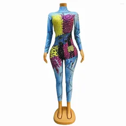 Stage Wear Stylish Printing Crystal Long Sleeve Jumpsuit Singer Dancer Sexy Nightclub Costume Birthday Party Elastic Tight Leotard