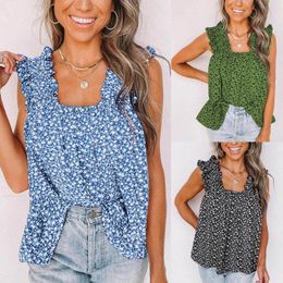 Women's Tanks Boho Floral Print Tank Tops Women Summer Ruffle Sleeveless Casual Top Camis Fashion Loose Vest Ladies Camisole 2024