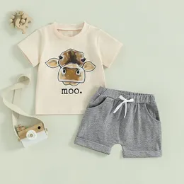 Clothing Sets Toddler Baby Boys Summer Outfit Set Short Sleeve Cattle Head Print Tops And Drawstring Shorts