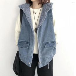 Women's Vests VANOVICH Korean Style Cashmere Solid Color Casual Vest Coat Female Winter Oversized Thick Denim Hooded Sleeveless Loose