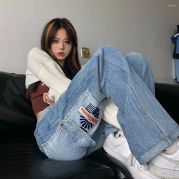 Women's Jeans Womens High Waist S Embroidered Pants For Women Straight Leg Blue Trousers Hippie Emo Gyaru Streetwear South Korea Cool
