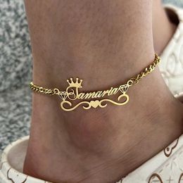 Anklets Custom Name Anklet with Crown Personalized Cuban Chain Anklet Stainless Steel Thick Cuban Nameplate Anklet for Women Gift YQ240208