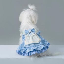 Dog Apparel Blue Flower Print Puppy Skirts Coat Pure Cotton Cute Bow Handmade Princess Dress For Small Medium Yorkshire Pet Clothes