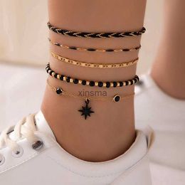 Anklets 5pcs/Set Bohemian Woven Rope Foot Chain for Men and Women Geometric Alloy Black Beads Dropping Oil Anklet Set 23411 YQ240208