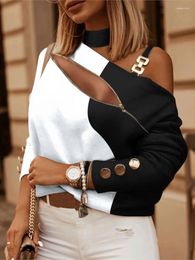 Women's Blouses Sexy Off Shoulder Halter Neck Women Blouse Long Sleeve Fashion Print Zipper Casual Loose Tops Autumn Elegant Office Lady
