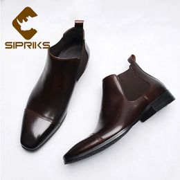 Sipriks Men's Chelsea Boots Genuine Leather Square Male Cowboy Dress Boots Cap Toe Botte Dark Brown Euro 44 Church Shoes 240126