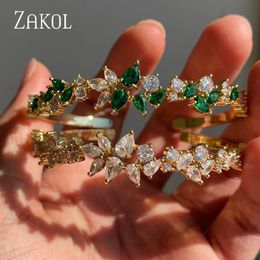 ZAKOL Fashion Gold Colour Leaf Cuff Bangles for Women Elegant Green Cubic Zirconia Bracelets Bridal Wedding Jewellery 240125