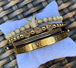 4PcsSet Classical Handmade Braiding Bracelet Gold Men Pave CZ Zircon Crown Roman Numeral Stainless Steel Bracelet Luxury8100884