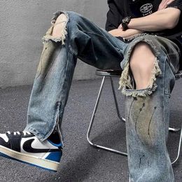 Men's Jeans Foufurieux Spring Trend Trousers Mens Cowboy Pants Men Hip Hop Straight Retro Loose Casual With Print Perforated