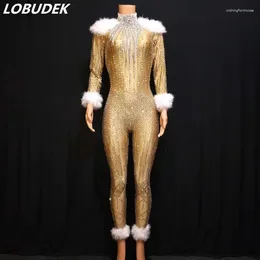 Stage Wear Champagne Gold Rhinestones Feather Jumpsuit Women Elastic Long Sleeve Skinny Rompers Nightclub Singer Bar Birthday Party Costume